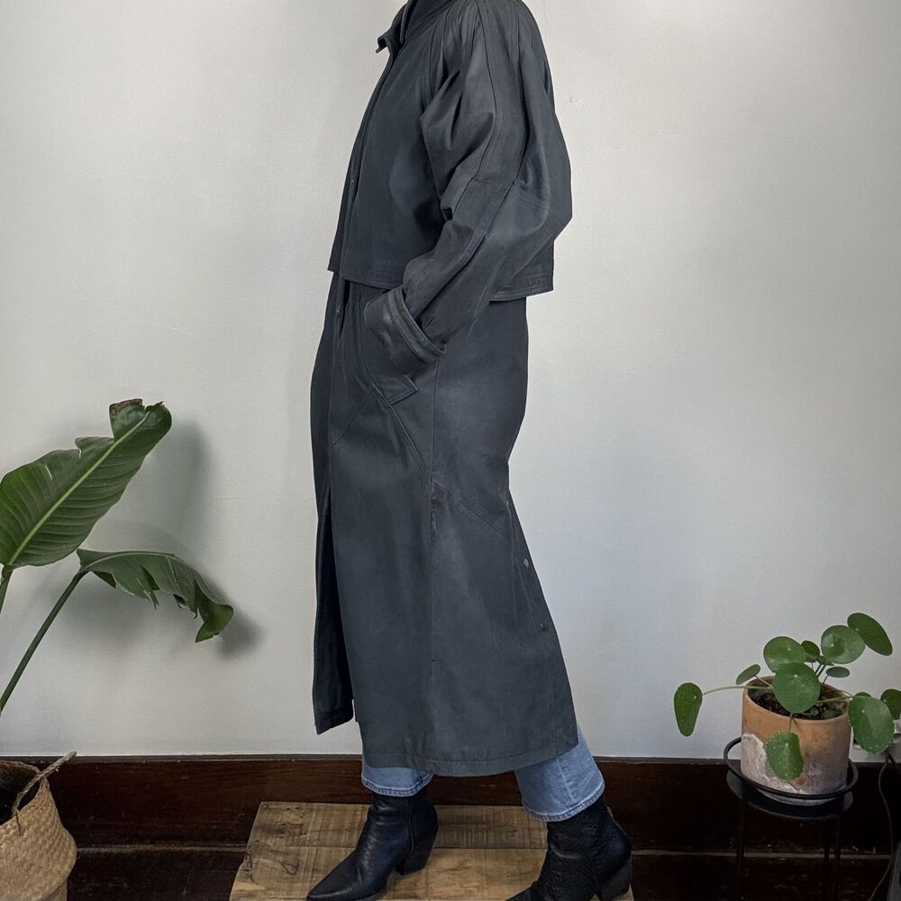 Vintage Genuine Leather Trench Coat, Slate-Gray-Blue - Picture 16 of 16